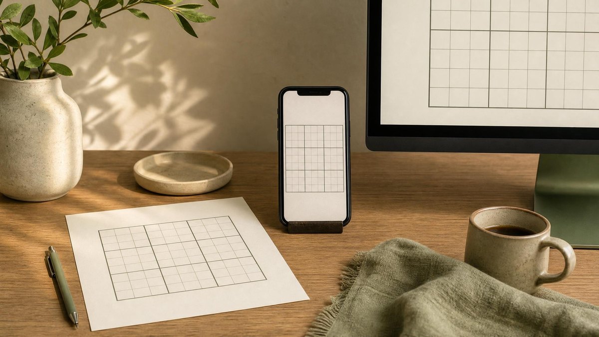 A calm editorial still life for Paper, Mobile, or Desktop Sudoku: Which Format Fits?