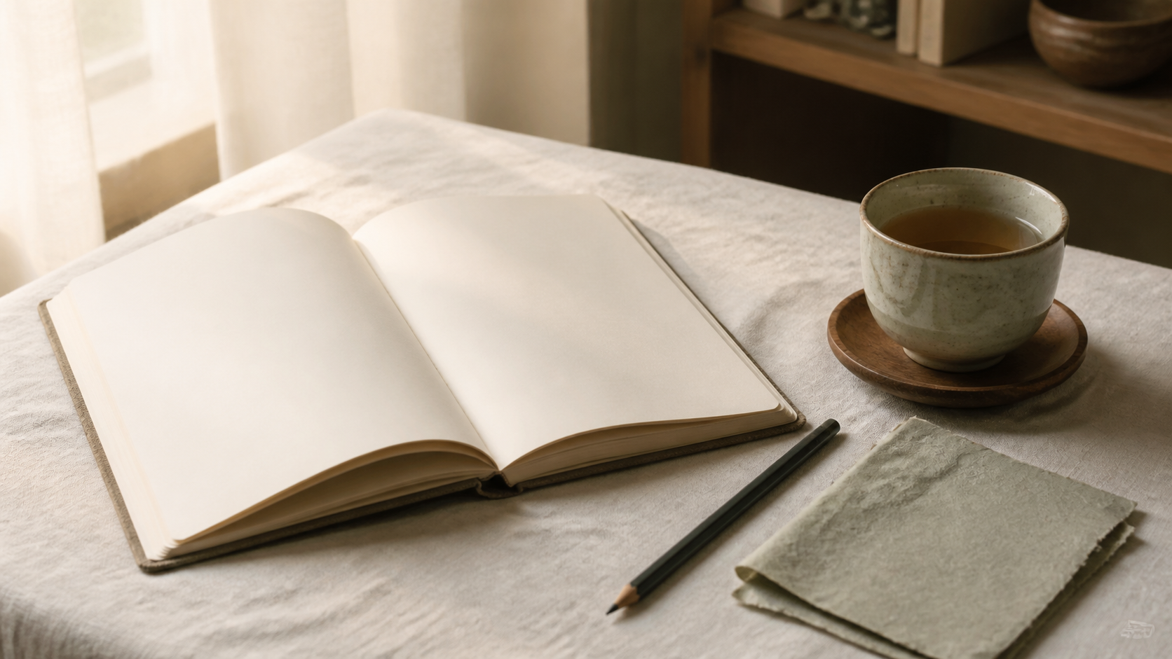 A quiet notebook, pencil and tea prepared for a thoughtful Sudoku session