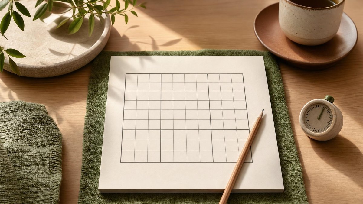 A calm editorial still life for How to Practise One Sudoku Technique at a Time