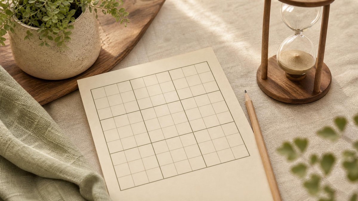 A calm editorial still life for How to Improve at Sudoku Without Chasing Speed