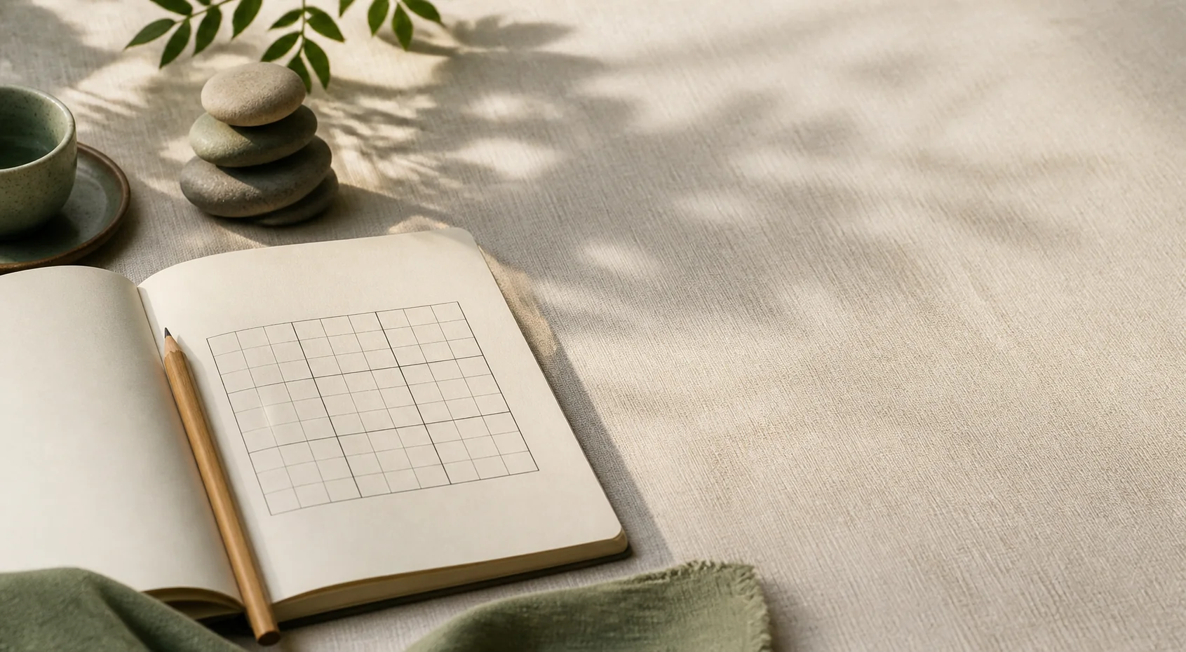 A beginner Sudoku notebook with pencil and stepping stones